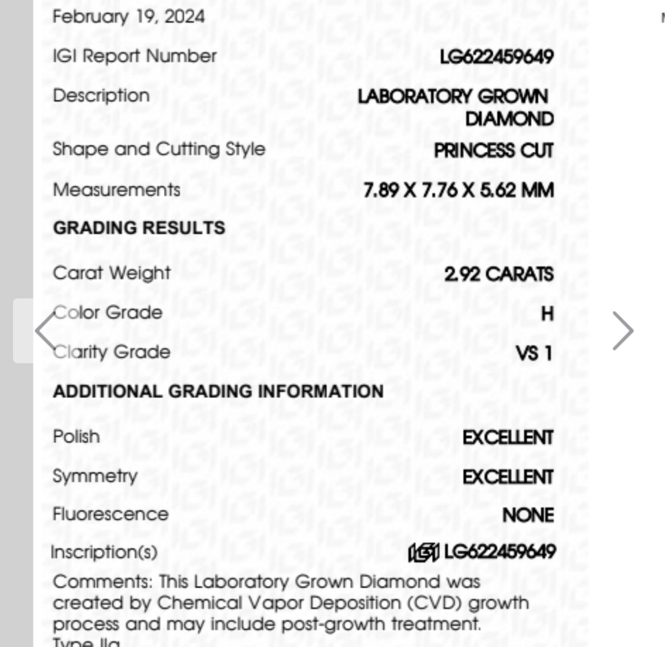 Princess 2.92ct H VS1 / Lab Grown Loose With IGI Certified Diamond For Engagement Ring / Eco Friendly CVD Loose Diamond