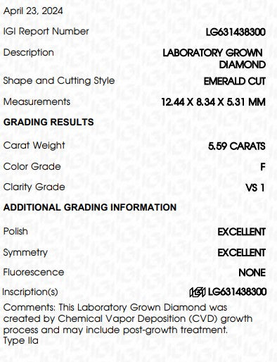 5.59 CARATS EMERALD CUT LAB GROWN DIAMOND,F COLOE VS1 CLARITY