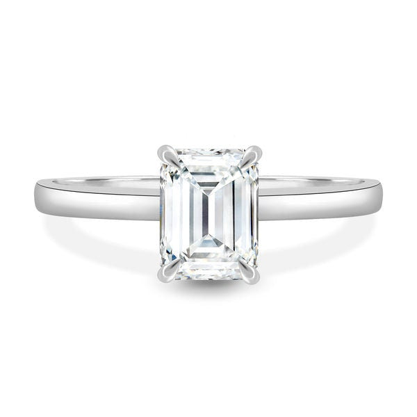 Emerald 2.10tcw Lab Grown Diamond, Cathedral Hidden Halo Engagement Ring, EF Color VS Clarity