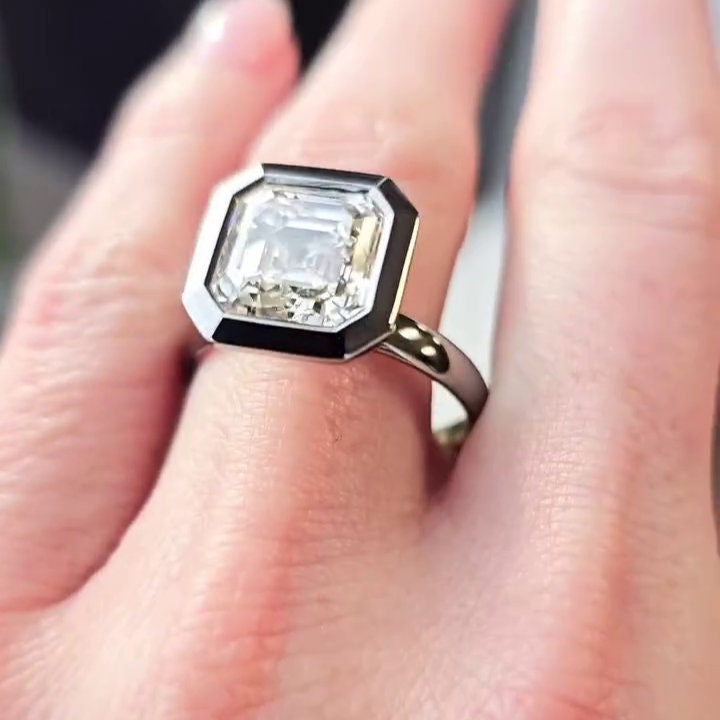 Asscher 5.10ct Lab Grown Diamond Bezel Set Engagement Ring, EF Color, VS Clarity - AntiqueCut