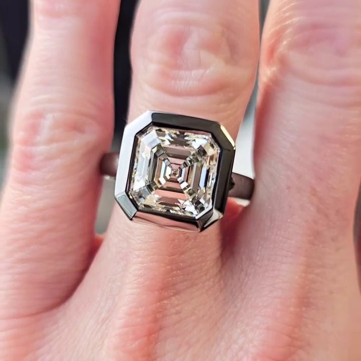 Asscher 5.10ct Lab Grown Diamond Bezel Set Engagement Ring, EF Color, VS Clarity - AntiqueCut