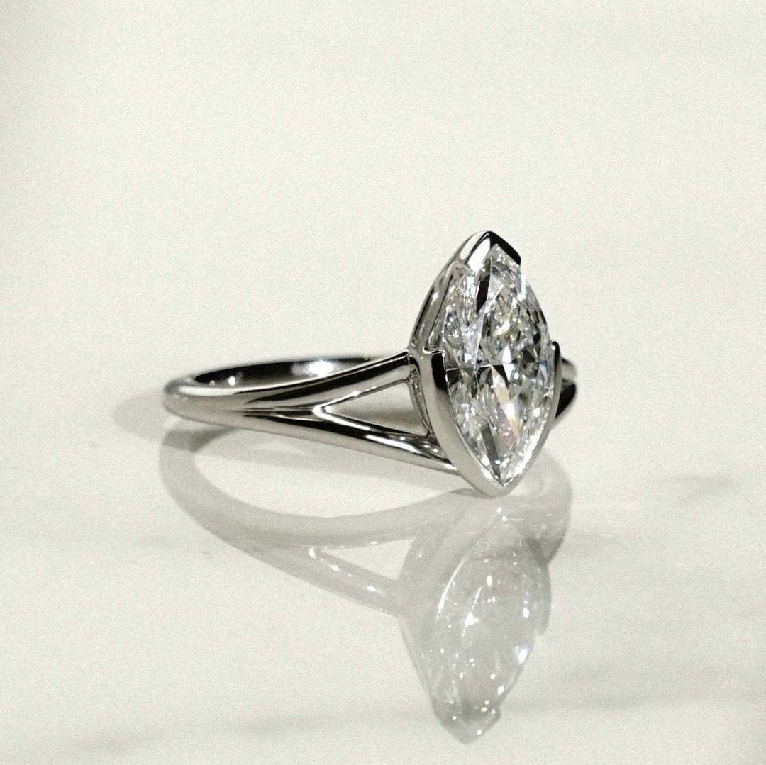 Marquise 1.50ct Lab Grown Diamond Half Bezel Splits Shank Engagement Ring, EF Color, VS Clarity