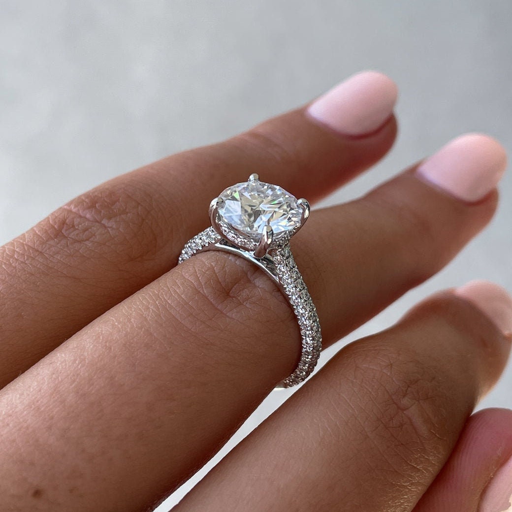 Round 5.85tcw Lab Grown diamond Triple Pavé Solitaire Hidden Halo Engagement ring, EF Color, VS Clarity