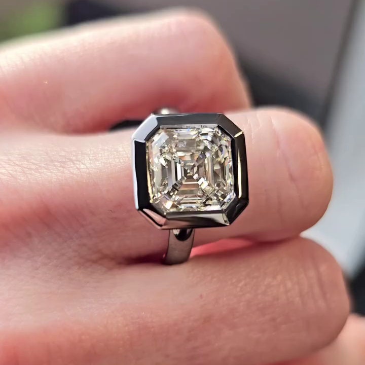 Asscher 5.10ct Lab Grown Diamond Bezel Set Engagement Ring, EF Color, VS Clarity - AntiqueCut