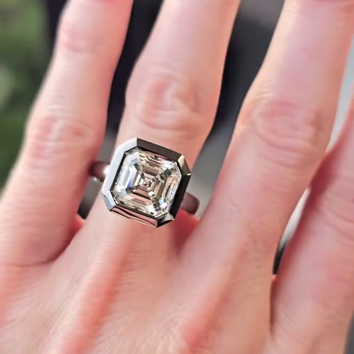 Asscher 5.10ct Lab Grown Diamond Bezel Set Engagement Ring, EF Color, VS Clarity - AntiqueCut