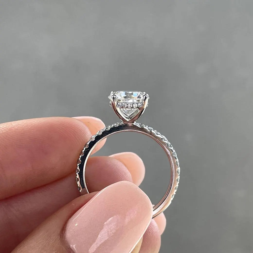 Round 3.60tcw Lab Grown Diamond, Pavé Solitaire Hidden Halo Engagement ring, EF Color, VS Clarity