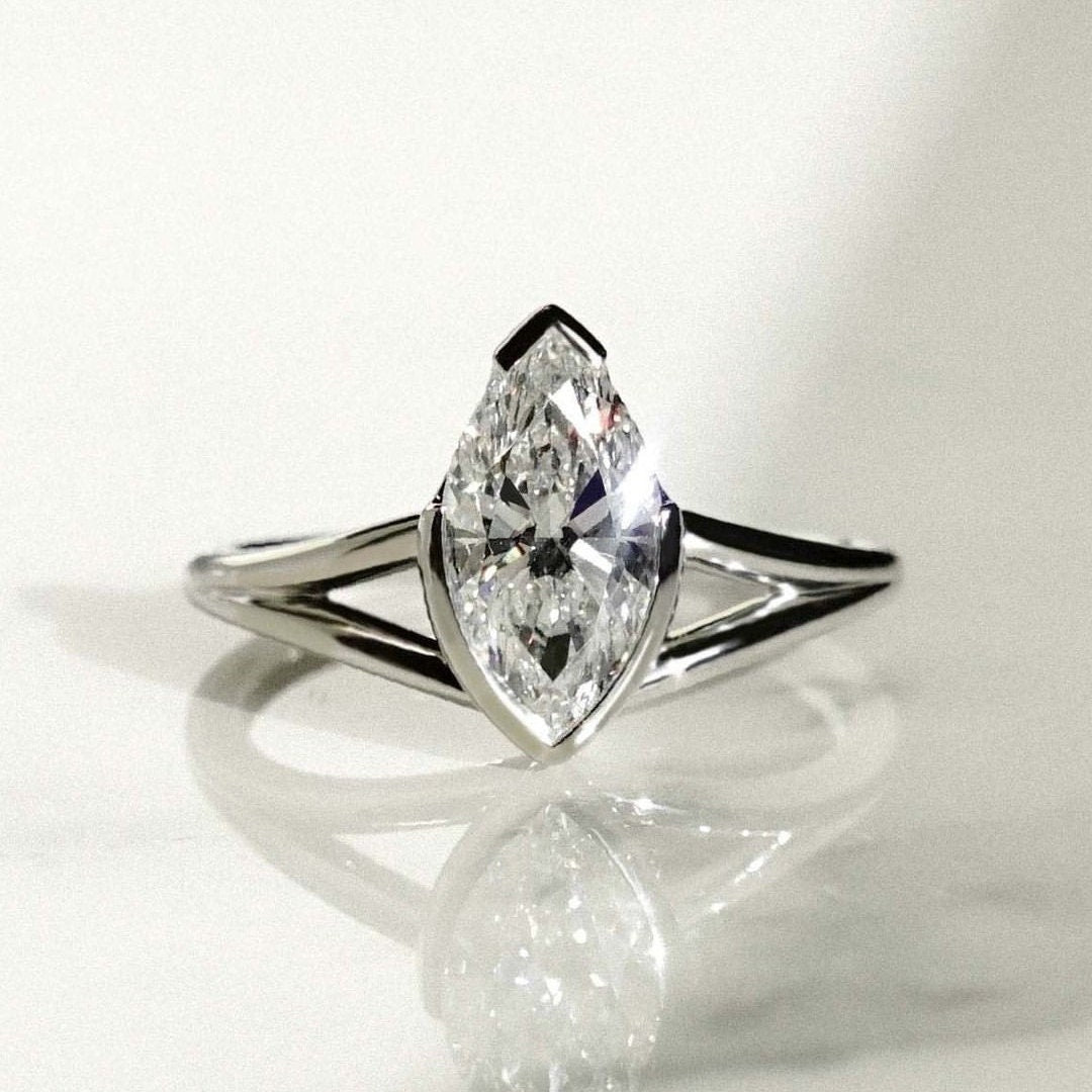 Marquise 1.50ct Lab Grown Diamond Half Bezel Splits Shank Engagement Ring, EF Color, VS Clarity