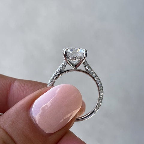 Round 5.85tcw Lab Grown diamond Triple Pavé Solitaire Hidden Halo Engagement ring, EF Color, VS Clarity