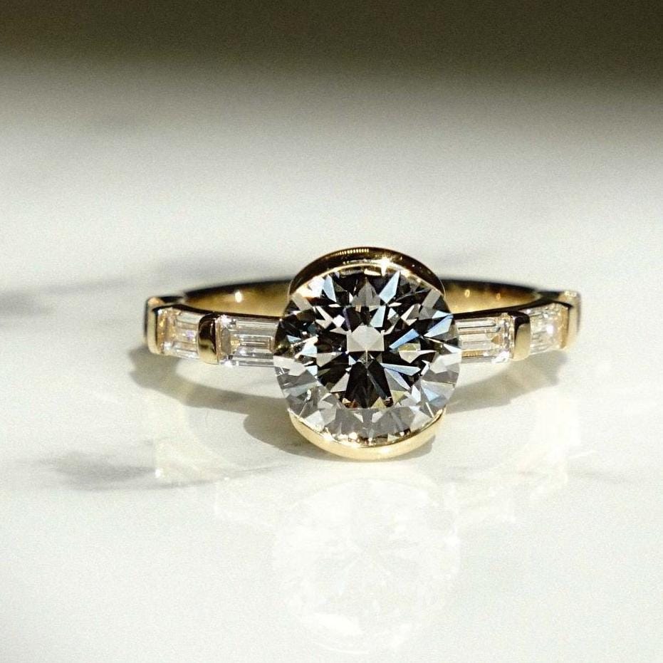 Round 3.00tcw Lab Grown Diamond Bezel Set Sparkling Bar Set Baguette Engagement Ring,  EF Color, VS Clarity