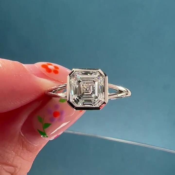 Asscher 2.00ct Lab Grown Diamond Split Shank Setting With Bezel Set Engagement Ring, EF Color, VS Clarity