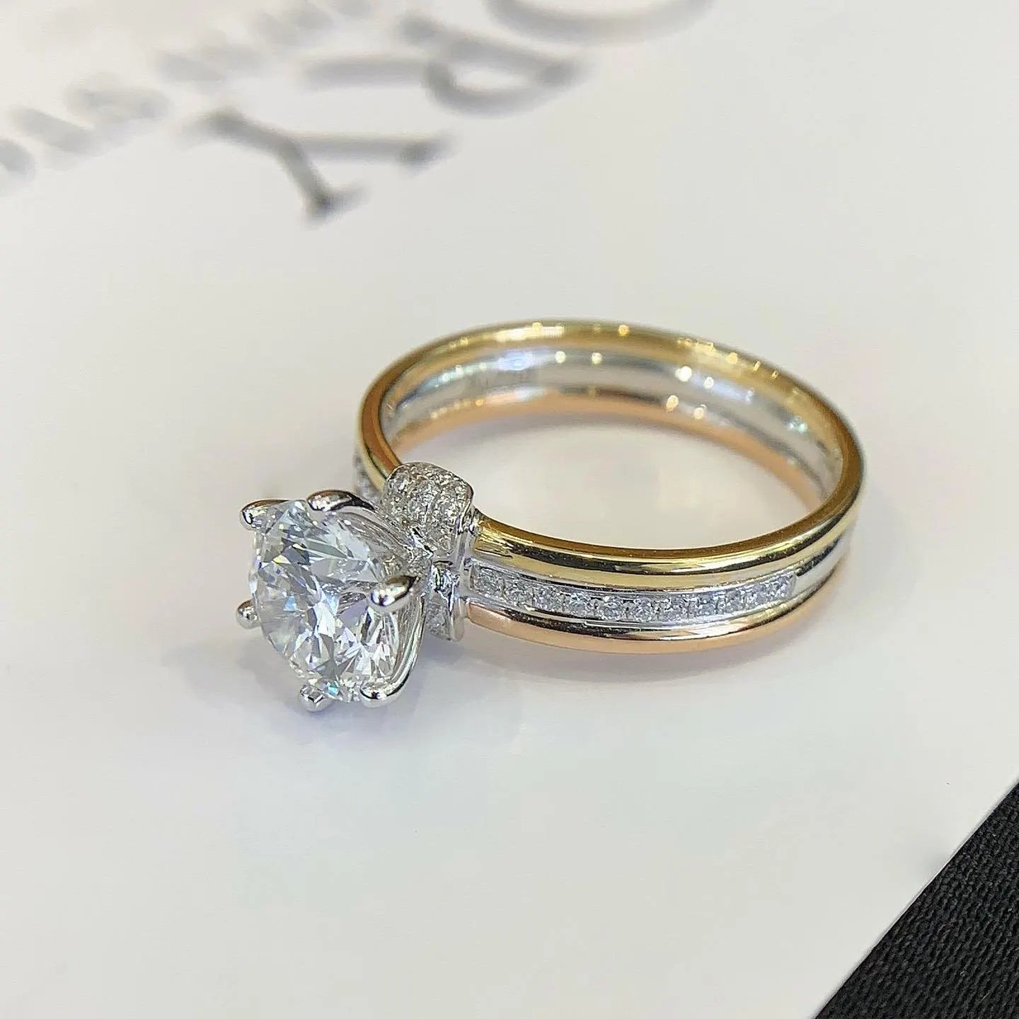 Round 1.70tcw Lab Grown Diamond Two Tone Triple Band Hidden Halo Engagement Ring, EF Color, VS Clarity