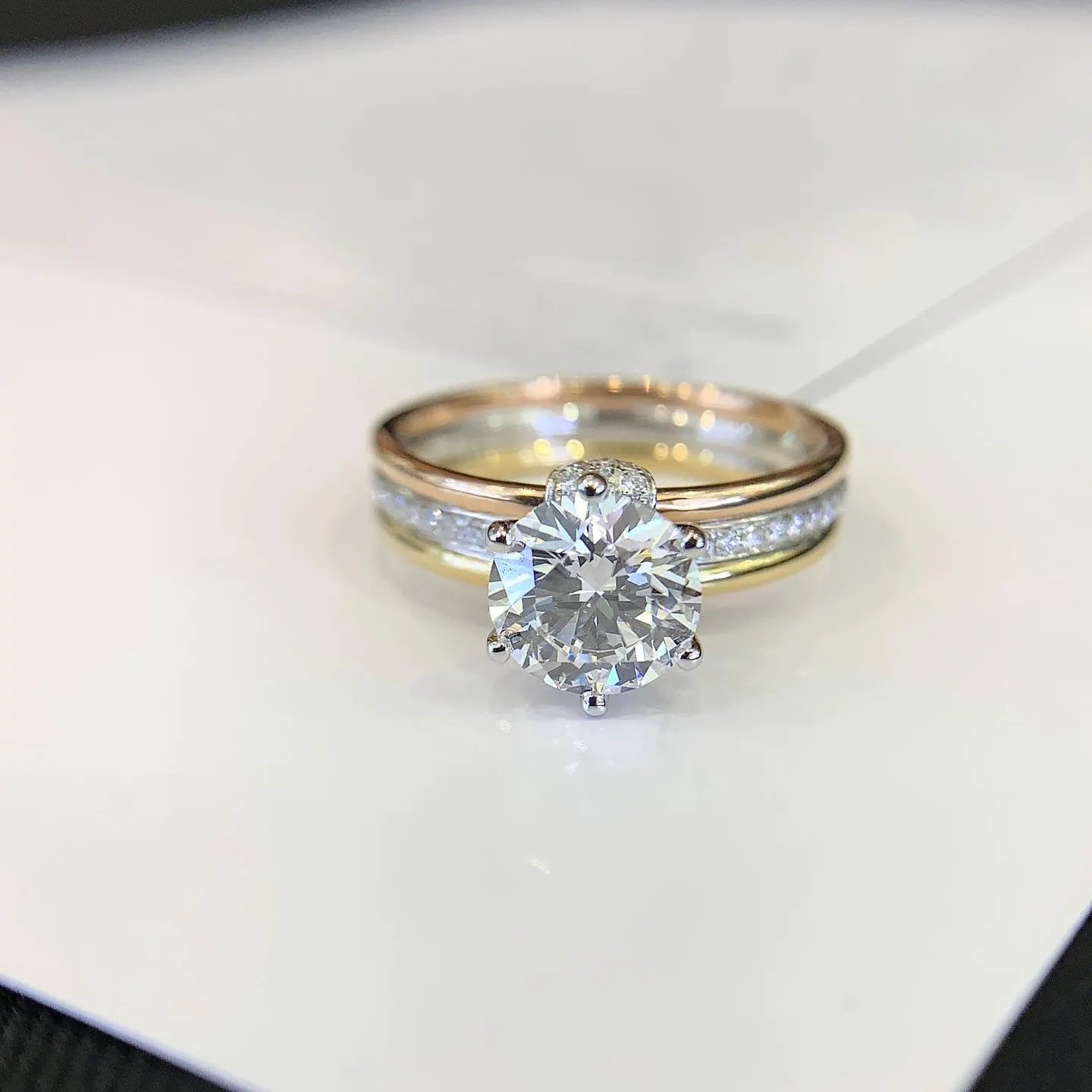 Round 1.70tcw Lab Grown Diamond Two Tone Triple Band Hidden Halo Engagement Ring, EF Color, VS Clarity