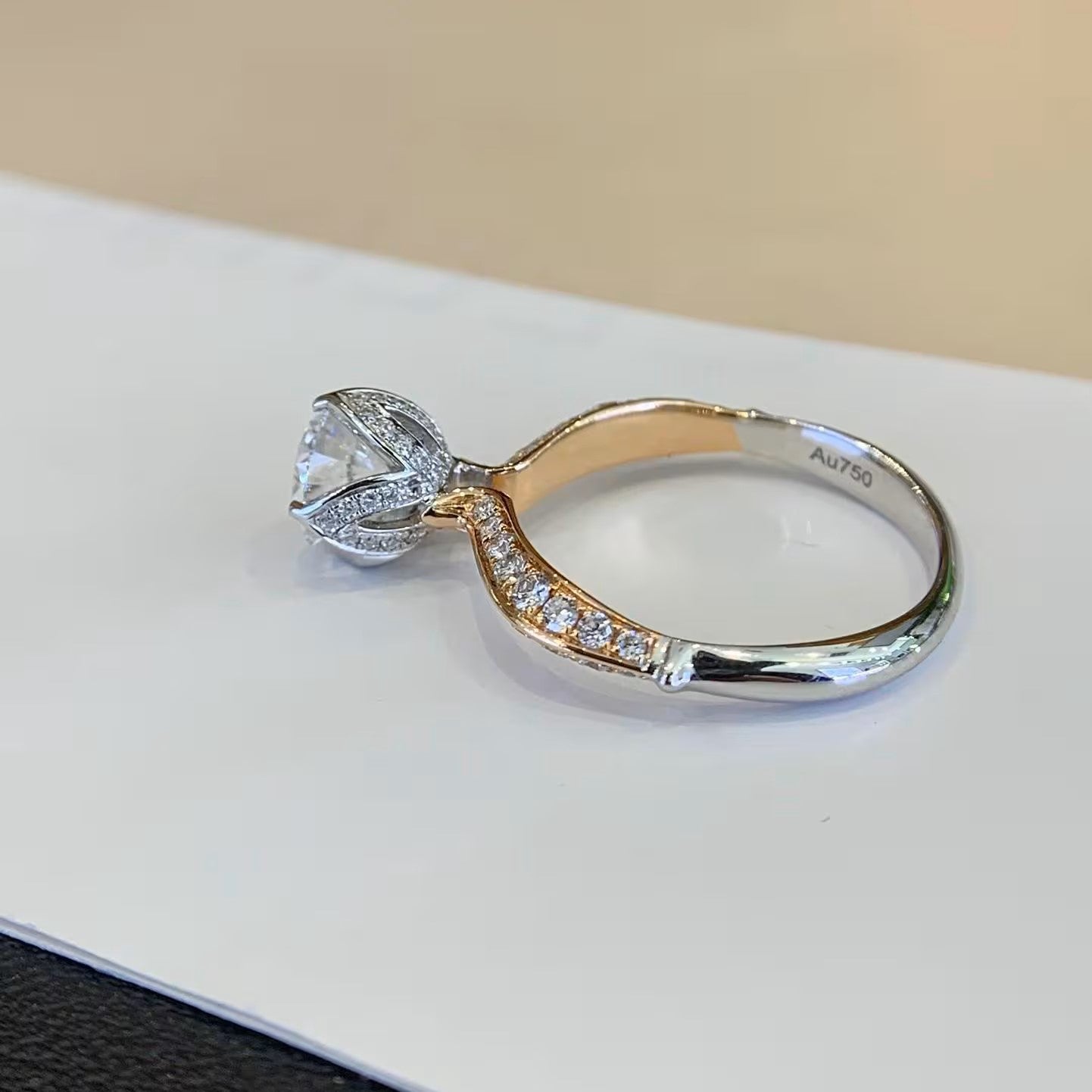 Round 1.50tcw Lab Grown Diamond Unique Design Prong Two Tone Engagement Ring, EF Color, VS Clarity