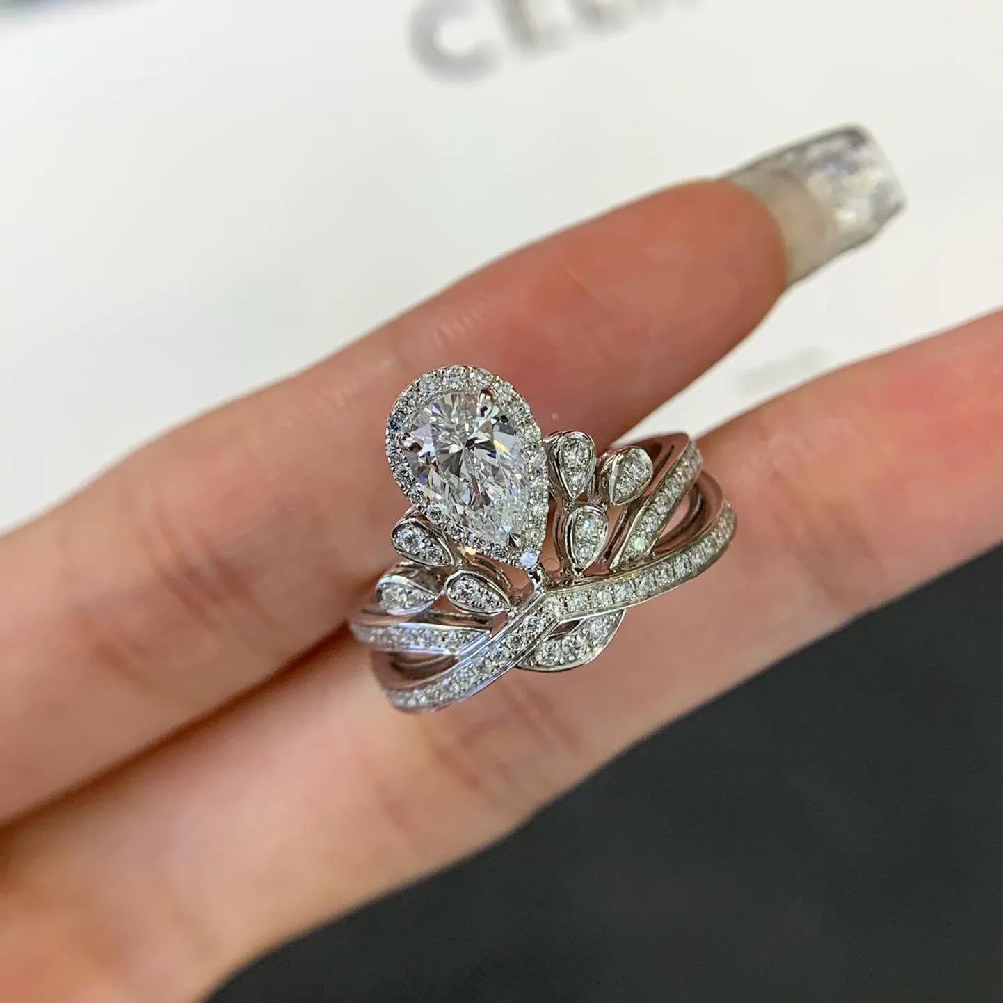 Pear 3.00tcw Lab Grown Diamond Halo Side Stone With Unique Design Engagement Ring, EF Color, VS Clarity - IGI Certified