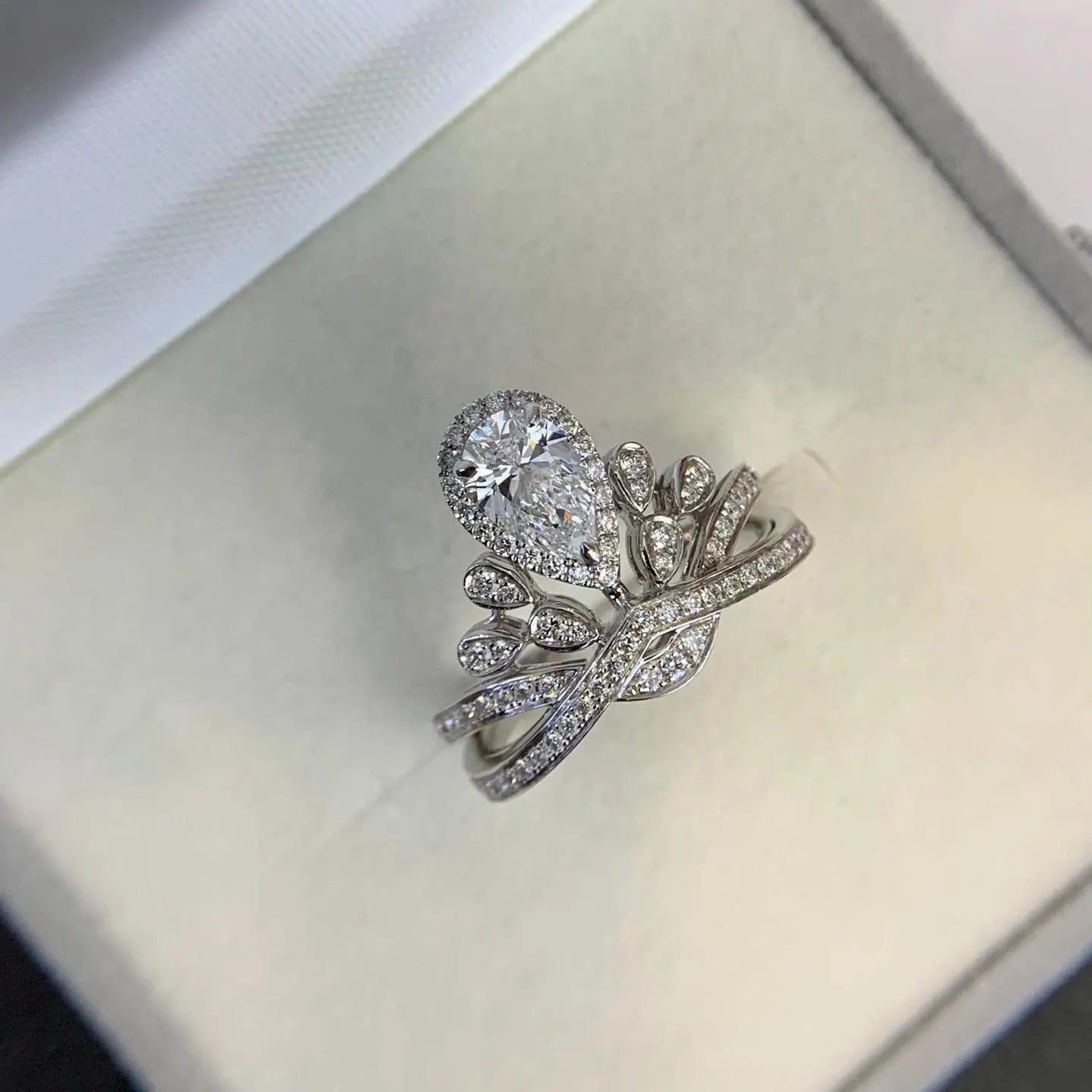 Pear 3.00tcw Lab Grown Diamond Halo Side Stone With Unique Design Engagement Ring, EF Color, VS Clarity - IGI Certified