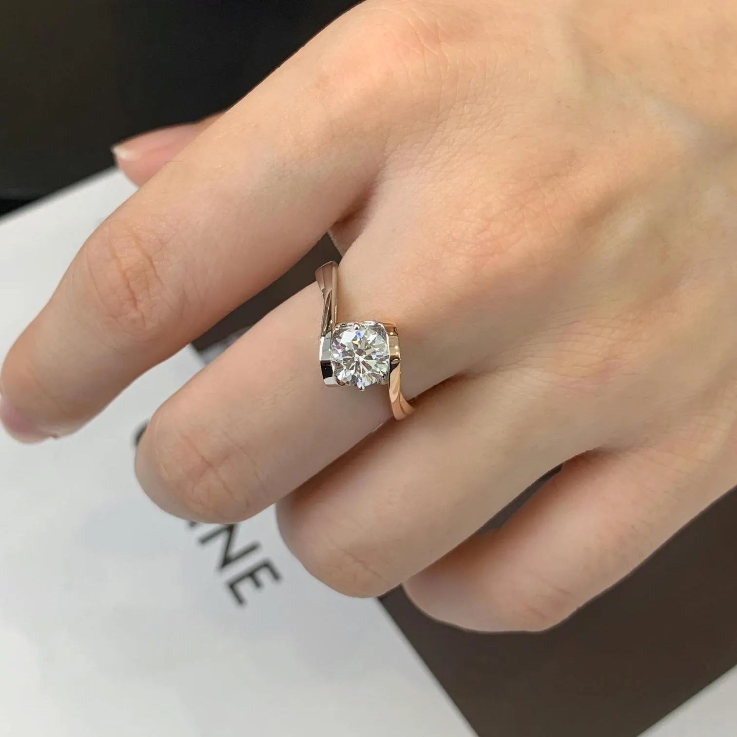 Round 1.60tcw Lab Grown Diamond Unique Design With Bypass Band Two Tone Engagement Ring, EF Color, VS Clarity