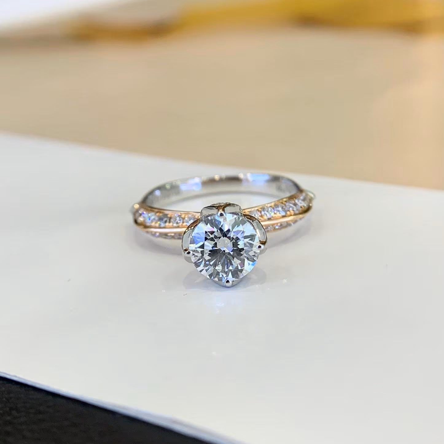 Round 1.50tcw Lab Grown Diamond Unique Design Prong Two Tone Engagement Ring, EF Color, VS Clarity