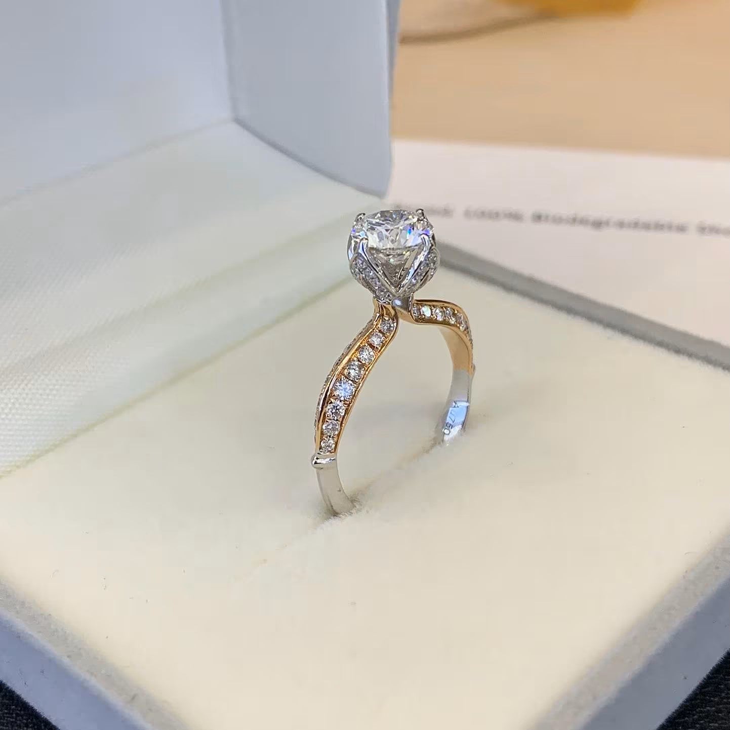 Round 1.50tcw Lab Grown Diamond Unique Design Prong Two Tone Engagement Ring, EF Color, VS Clarity