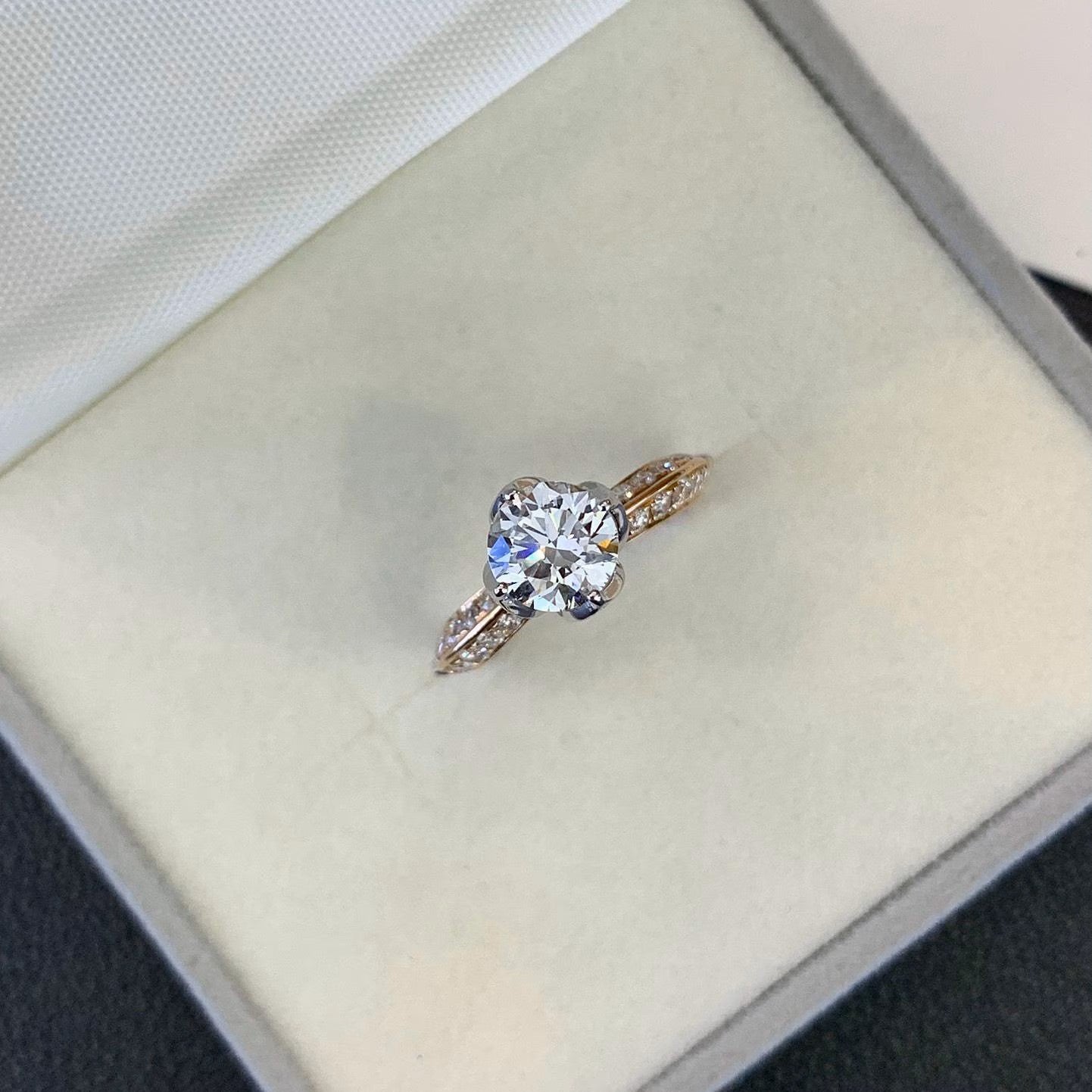 Round 1.50tcw Lab Grown Diamond Unique Design Prong Two Tone Engagement Ring, EF Color, VS Clarity