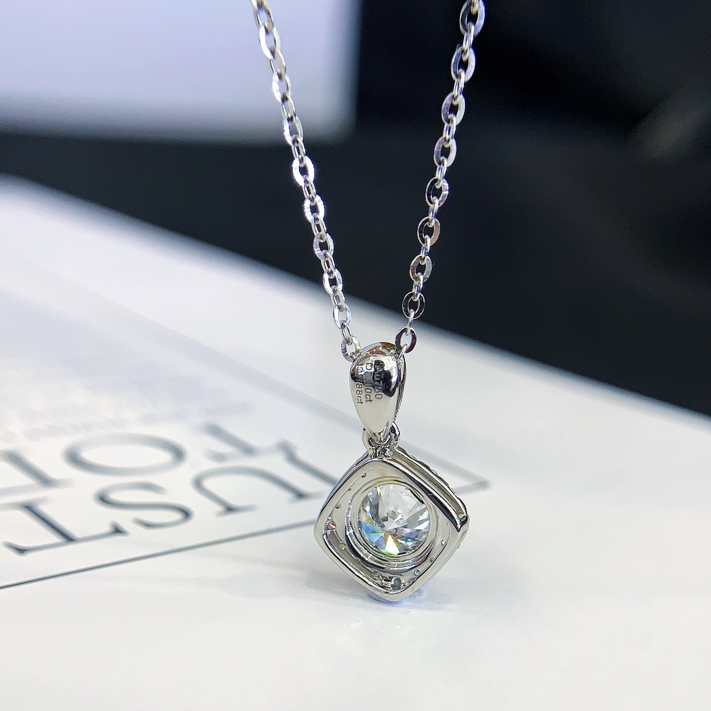 Round 0.95tcw Lab Grown Diamond Square Shape Halo Style Pendant Necklace, EF Color, VS Clarity