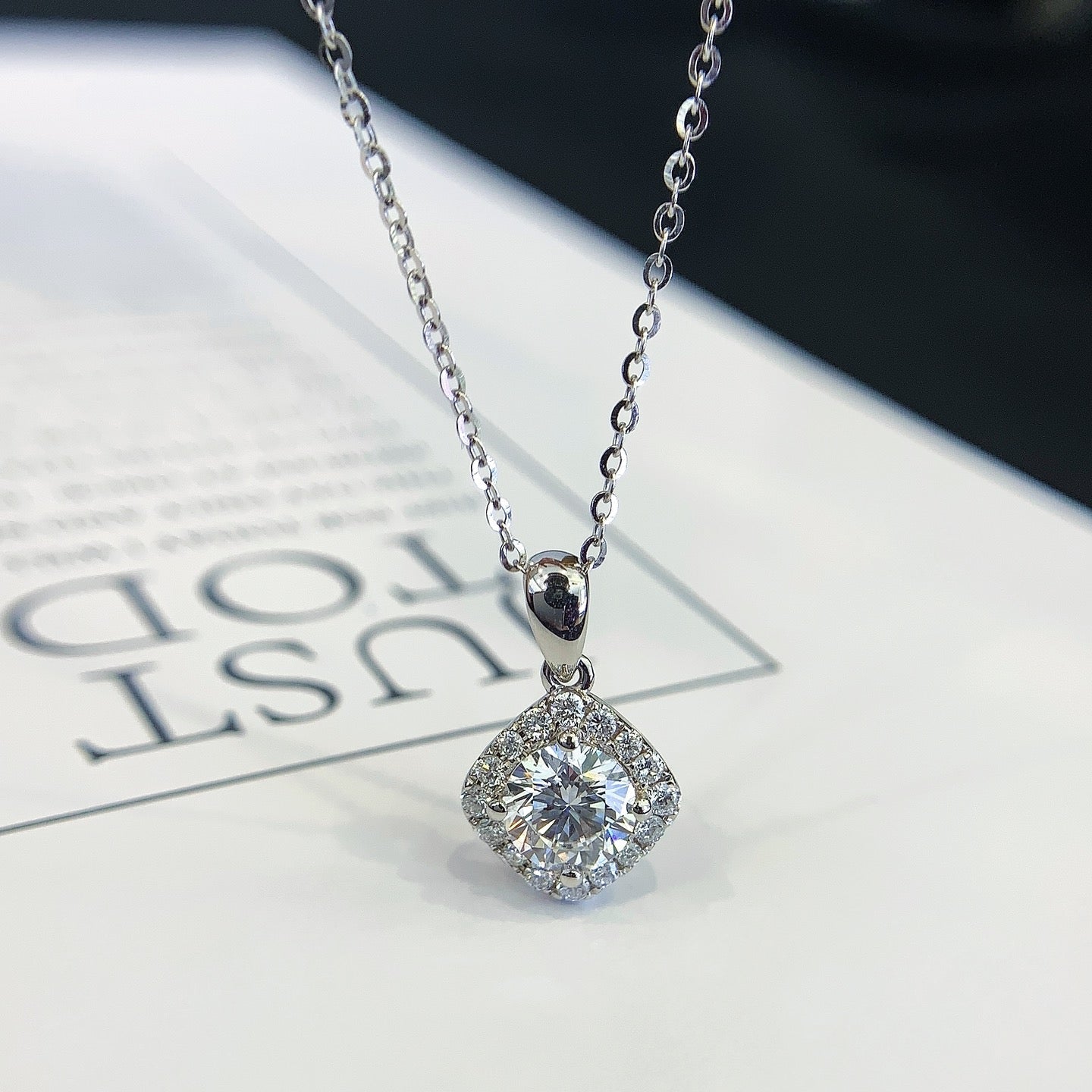 Round 0.95tcw Lab Grown Diamond Square Shape Halo Style Pendant Necklace, EF Color, VS Clarity