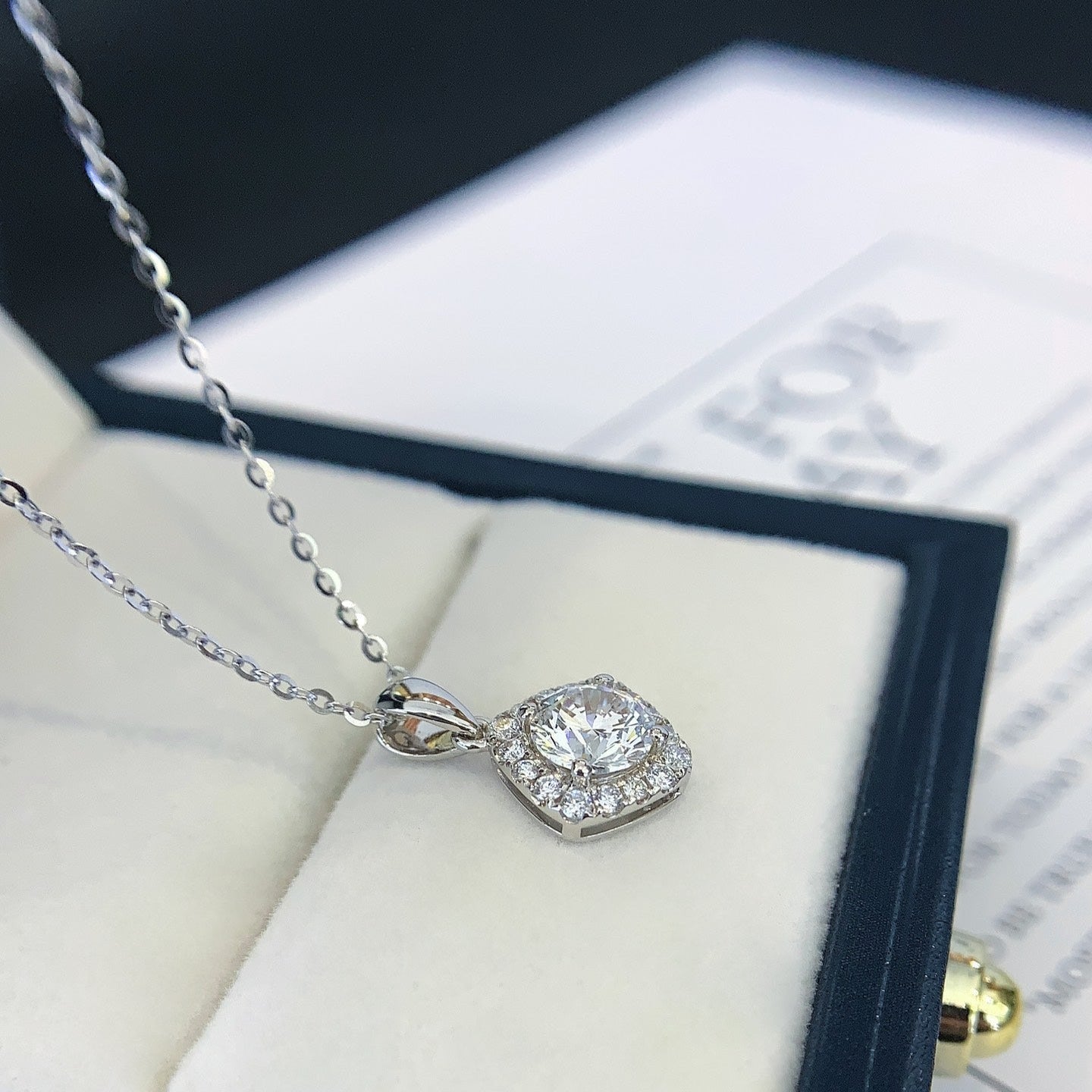 Round 0.95tcw Lab Grown Diamond Square Shape Halo Style Pendant Necklace, EF Color, VS Clarity