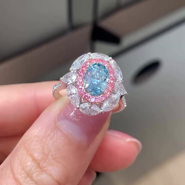 Oval Fancy Blue 3.30tcw Lab Grown Diamond Pink Round And Marquise Double Halo Pave Engagement Ring