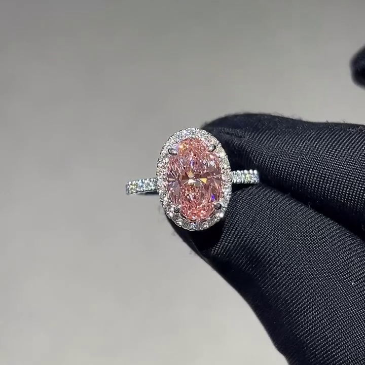 Oval Fancy Pink 3.00tcw Lab Grown Diamond Halo Pave Engagement Ring, EF Color, VS Clarity