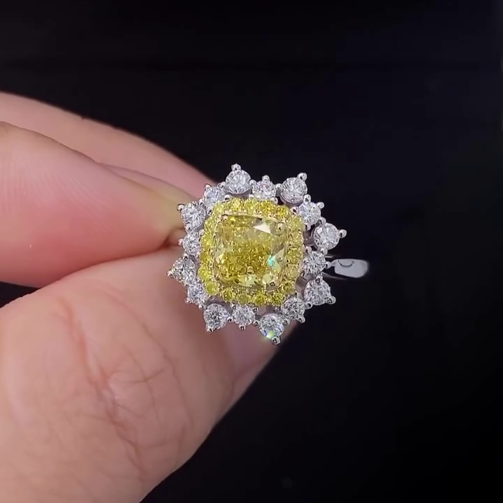 SQ Cushion Fancy Yellow Color 2.30tcw Lab Grown Diamond Double halo Engagement Ring, EF Color, VS Clarity