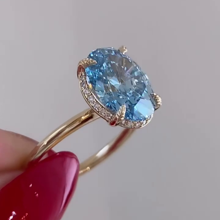 Oval Fancy Blue 3.30tcw Lab Grown Diamond Hidden Halo Engagement Ring, VS Clarity - IGI Certificate