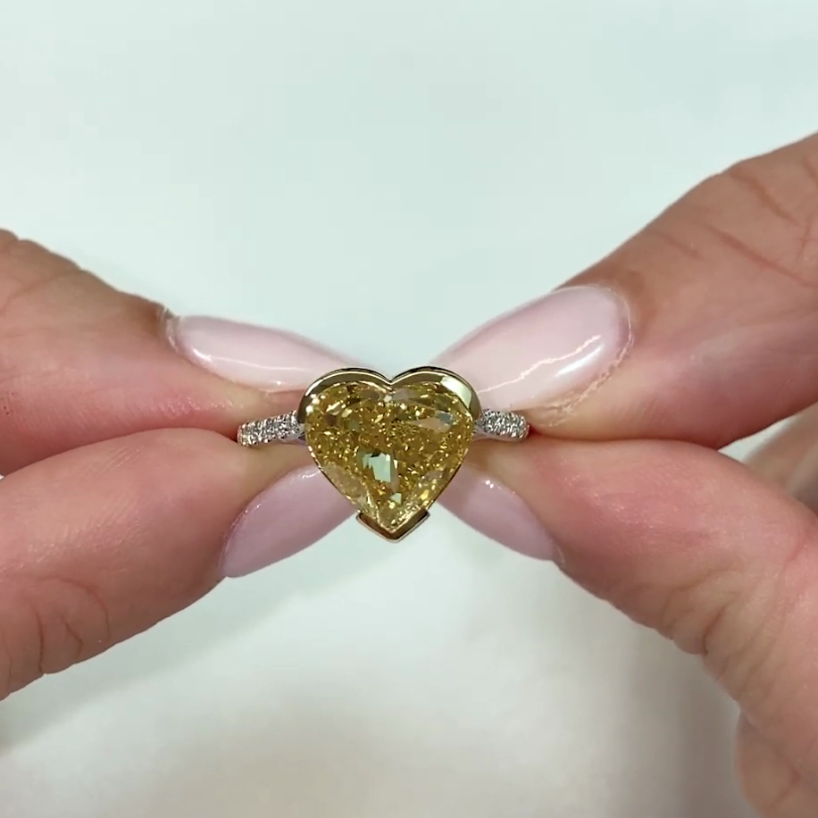 Heart Fancy Yellow 4.50tcw Lab Grown Diamond cathedral Semi-Bezel Hidden Halo Engagement Ring, VS Clarity