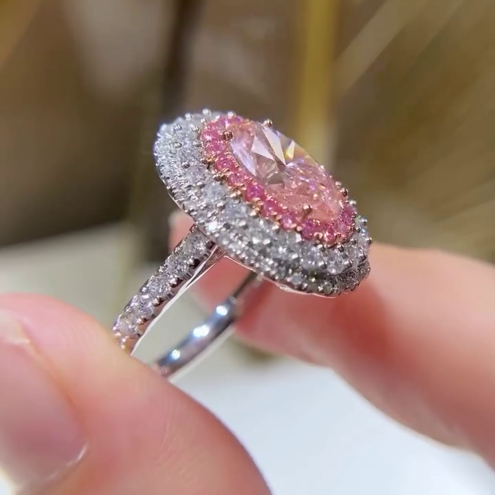 Oval Fancy Pink 3.15tcw Lab Grown Diamond Pave Halo Hidden Halo Engagement Ring, VS Clarity