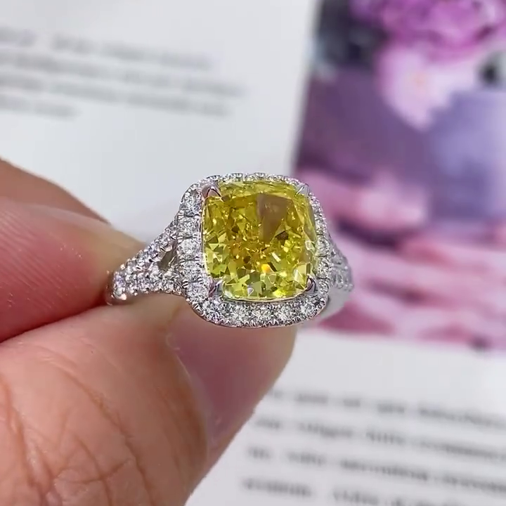 SQ Cushion Fancy Yellow 3.50tcw Lab Grown Diamond Split Halo Style Engagement Ring, VS Clarity