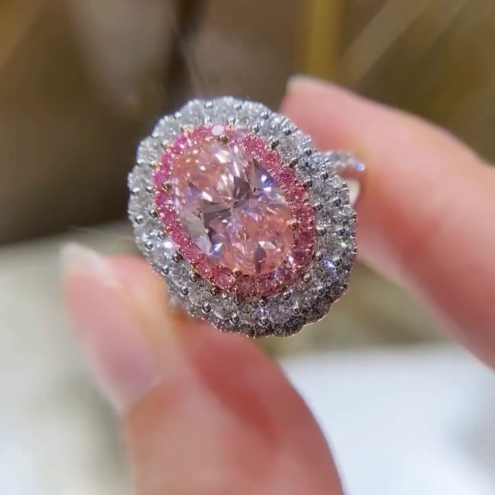 Oval Fancy Pink 3.15tcw Lab Grown Diamond Pave Halo Hidden Halo Engagement Ring, VS Clarity