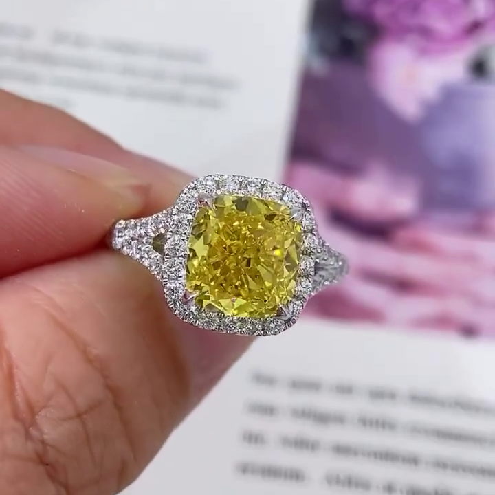 SQ Cushion Fancy Yellow 3.50tcw Lab Grown Diamond Split Halo Style Engagement Ring, VS Clarity