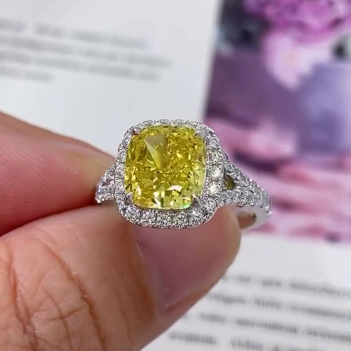 SQ Cushion Fancy Yellow 3.50tcw Lab Grown Diamond Split Halo Style Engagement Ring, VS Clarity