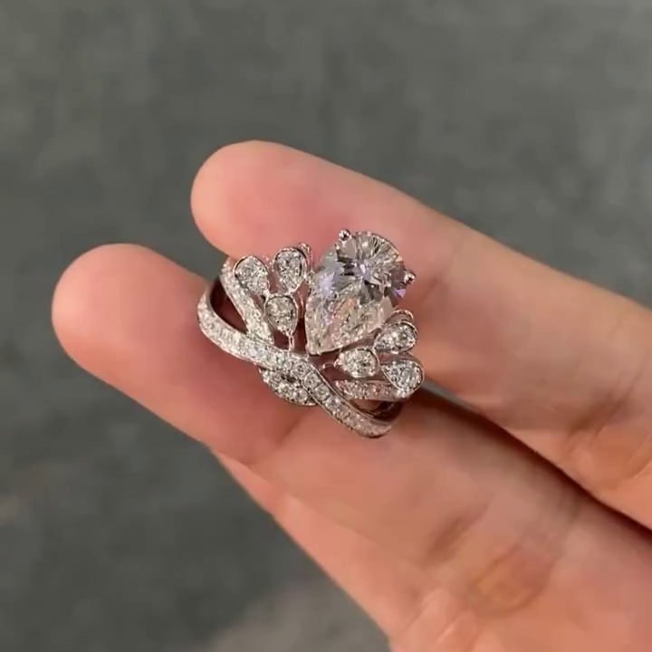 Pear 5.00tcw Lab Grown Diamond Side Stone Unique Design Engagement Ring, EF Color, VS Clarity - IGI Certified