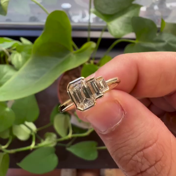 Emerald 1.00tcw Lab Grown Diamond Unique Side Stone Half Bezel Style Engagement Ring, EF Color, VS Clarity