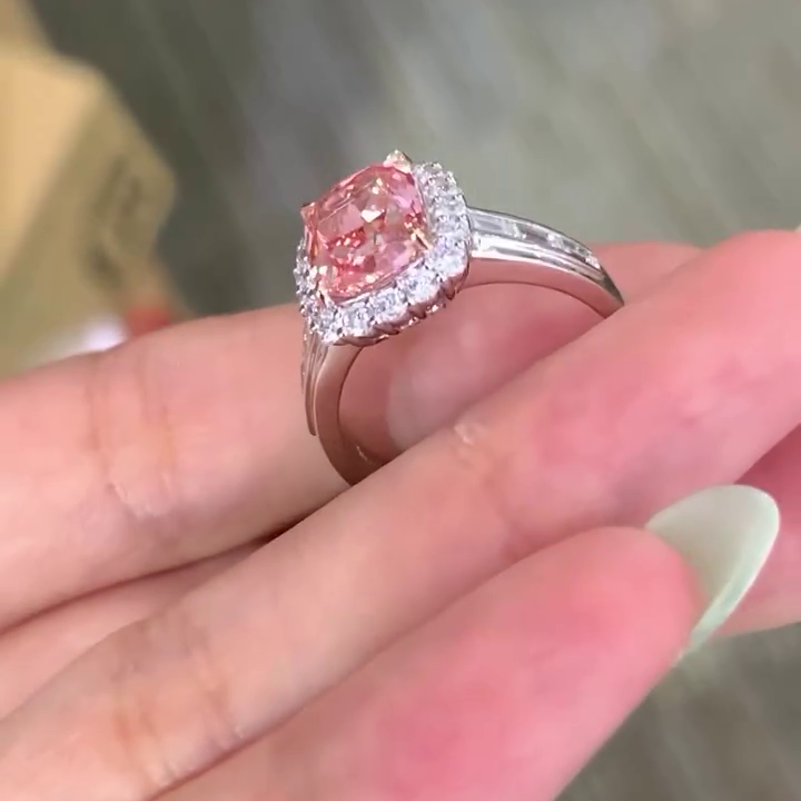 Elongated Cushion Fancy Pink 5.50tcw Lab Grown Diamond Halo Channel Set Pave Engagement Ring, VS Clarity