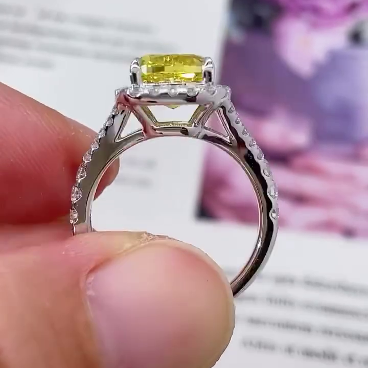 SQ Cushion Fancy Yellow 3.50tcw Lab Grown Diamond Split Halo Style Engagement Ring, VS Clarity