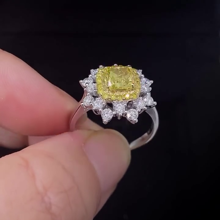 SQ Cushion Fancy Yellow Color 2.30tcw Lab Grown Diamond Double halo Engagement Ring, EF Color, VS Clarity