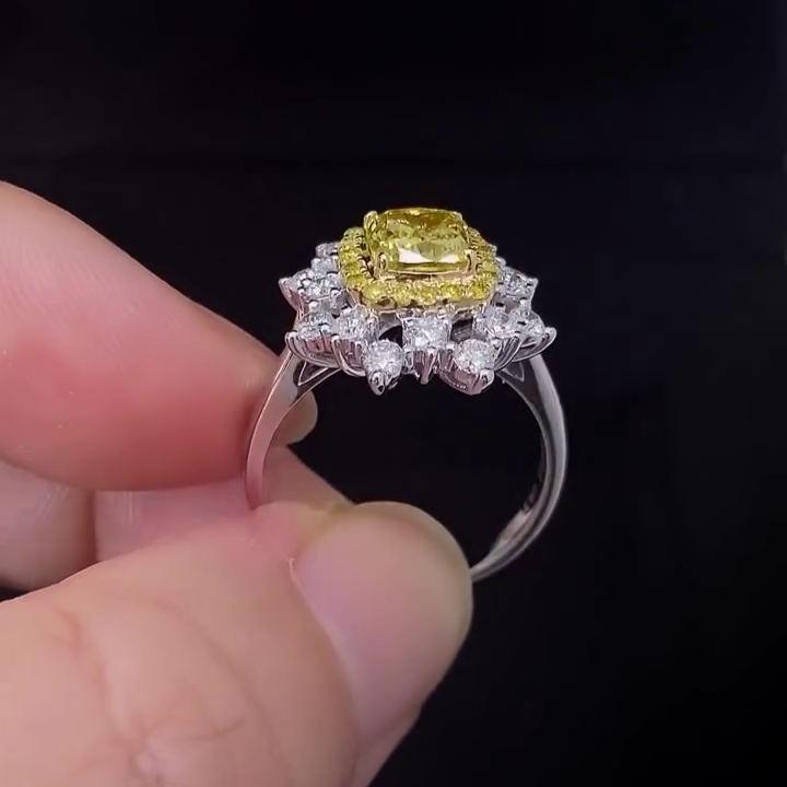 SQ Cushion Fancy Yellow Color 2.30tcw Lab Grown Diamond Double halo Engagement Ring, EF Color, VS Clarity